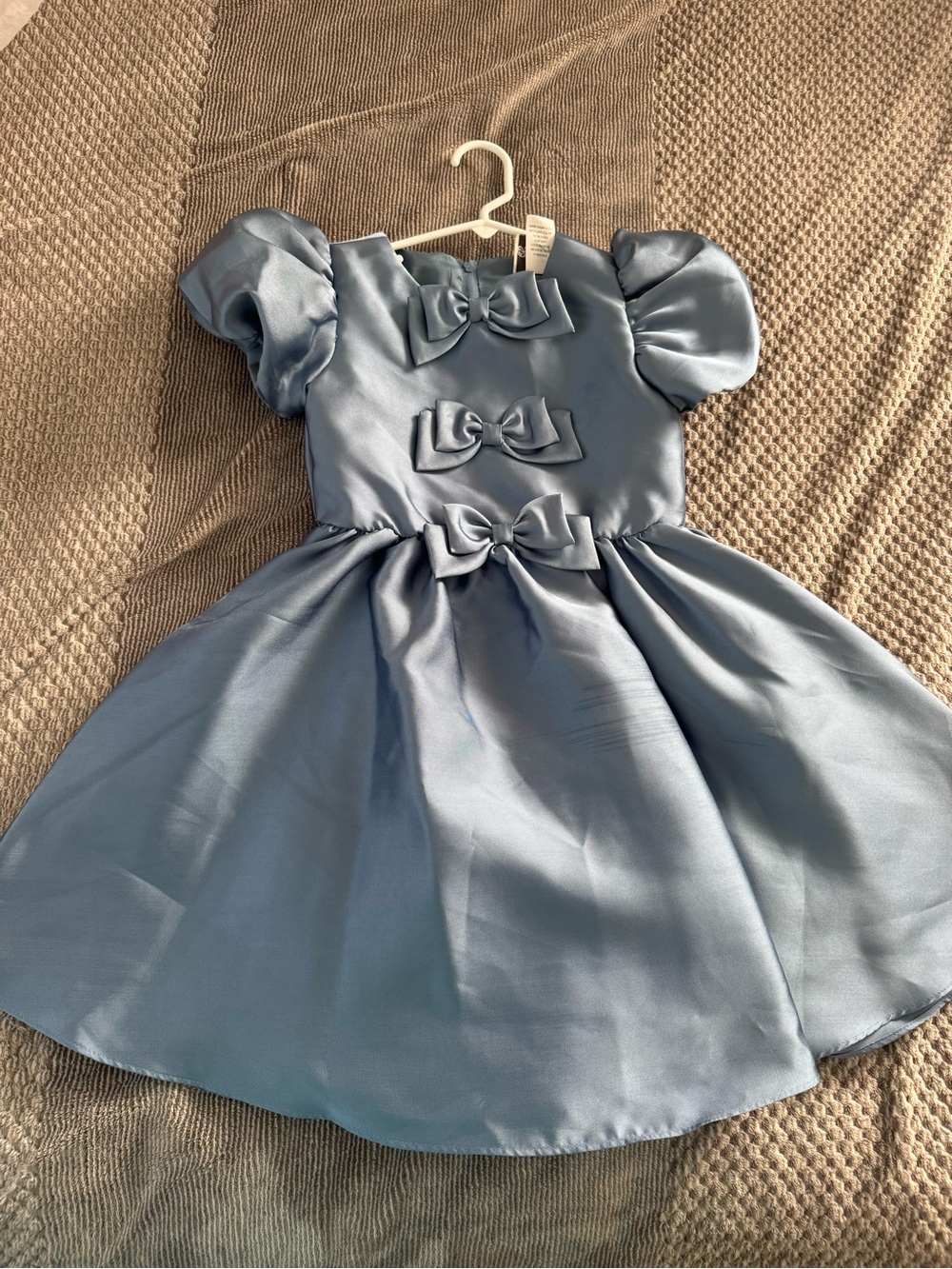 Rare Editions Steel Blue Satin Puff-Sleeve Dress with Bows